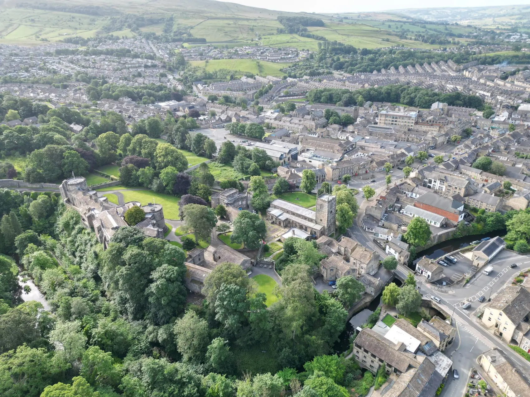 Aerial view of Skipton with High Corn Mill and the castle woods