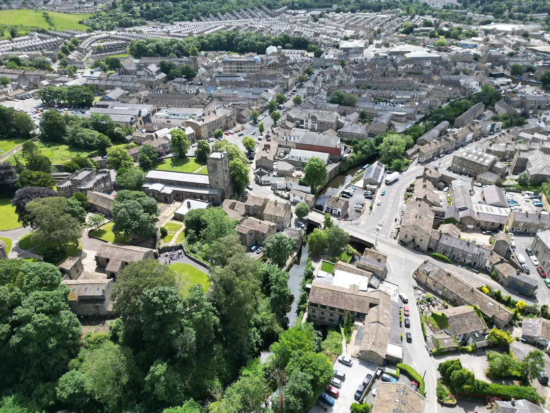 Aerial view of Skipton showing High Corn Mill and the town centre