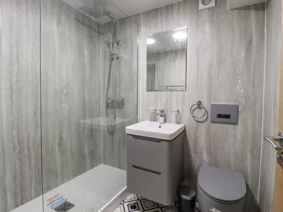 A shower room with a walk in shower, a basin unit, a mirror and a WC