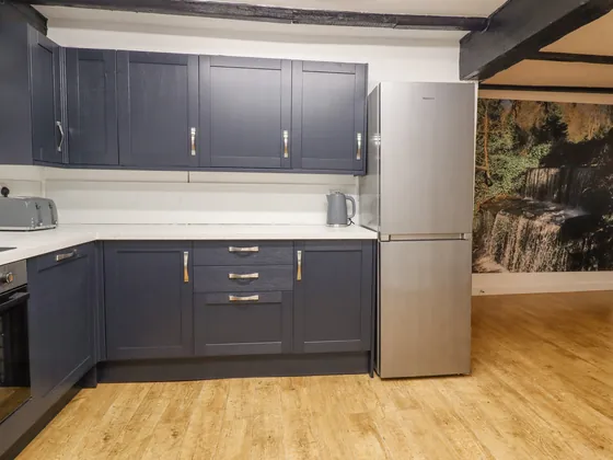 The kitchen run with dark blue cabinets and a tall fridge freezer