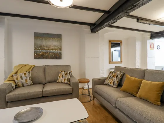 Two sofas facing each other with a mirror and a painting on the wall