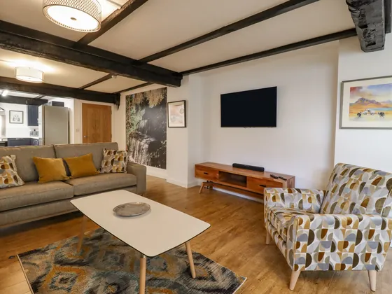 A sofa and an armchair facing a wall mounted television